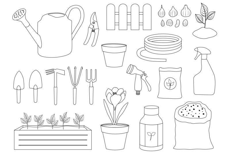gardening-black-and-white-garden-tools-elements-gardening
