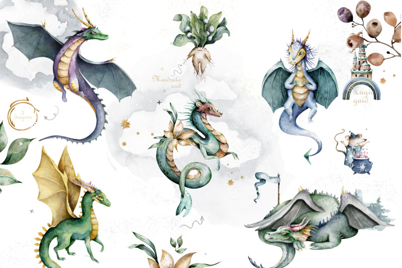 mythical-dragon-princess-and-knight-watercolor-fairytale-clip-art