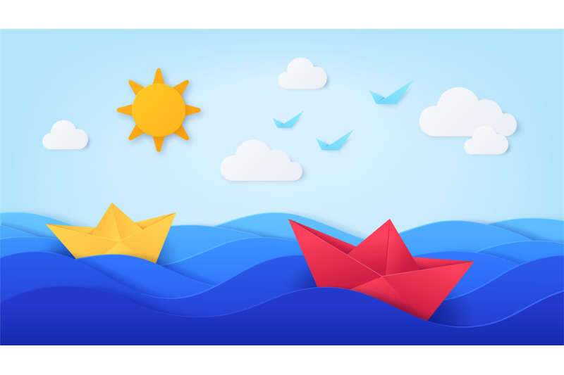 paper-sea-with-boats-origami-with-ocean-waves-ships-blue-sky-sun