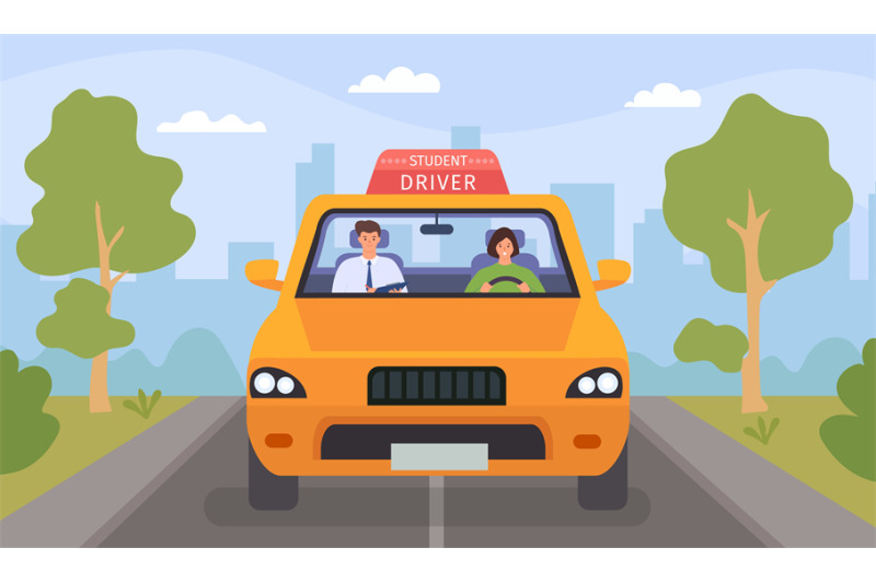 driving-school-lesson-cartoon-instructor-and-female-student-drive-car