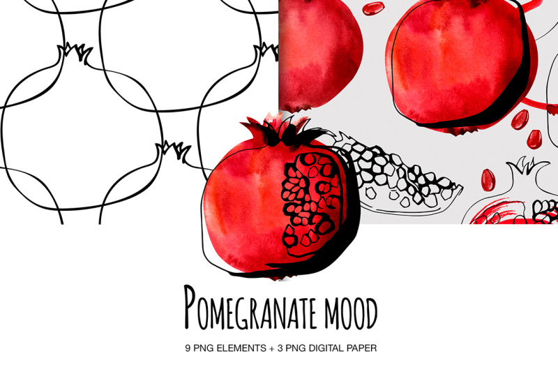 pomegranate-set-digital-clipart-watecolor-and-ink