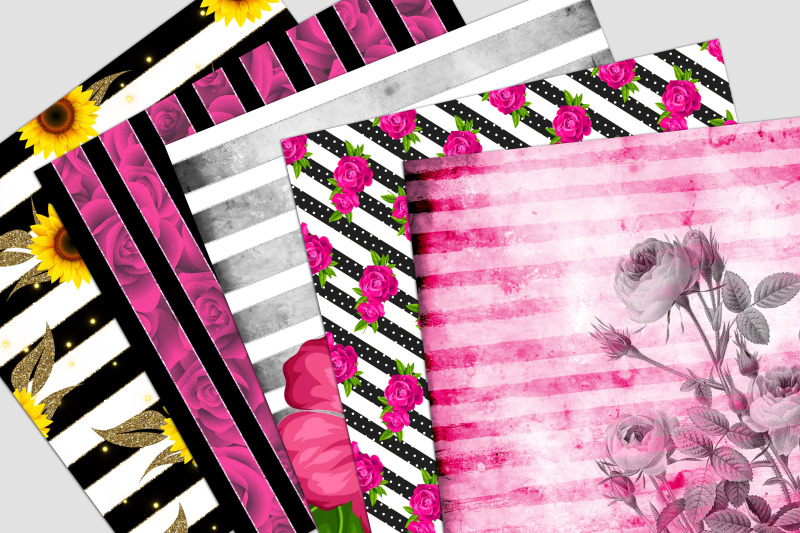 floral-stripes-digital-paper-pack