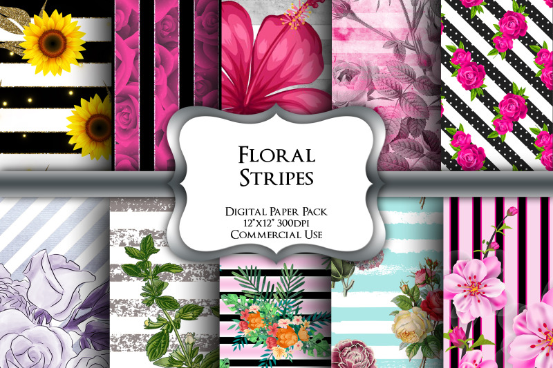 floral-stripes-digital-paper-pack