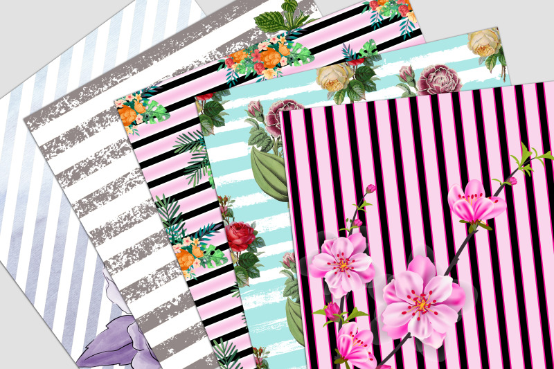 floral-stripes-digital-paper-pack