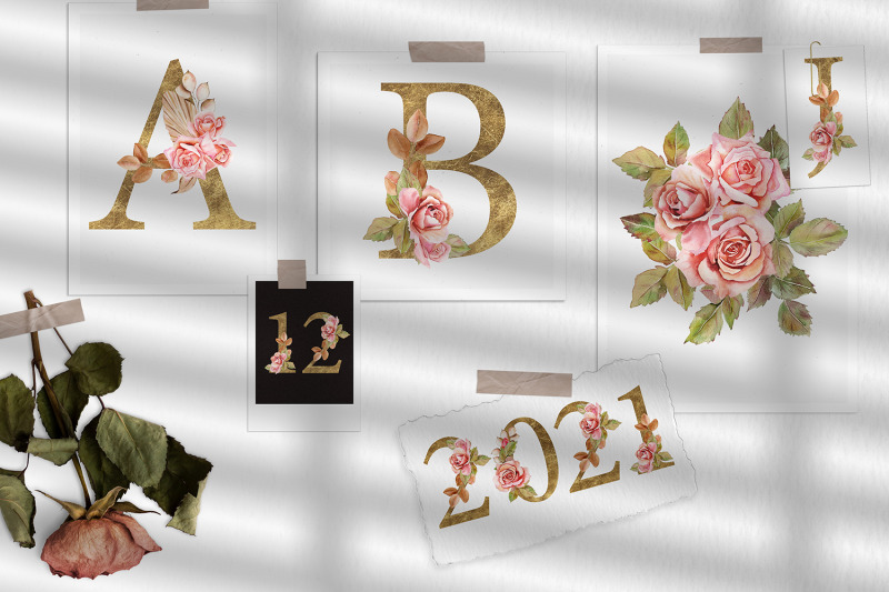 boho-roses-and-gold-alphabet-clipart
