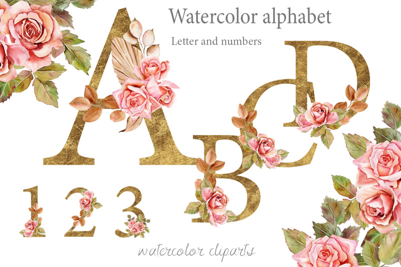 boho-roses-and-gold-alphabet-clipart