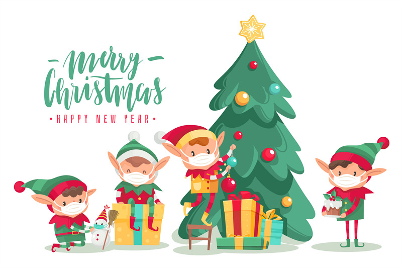 christmas-characters-in-masks-poster-cartoon-vector-elves-in-protecti