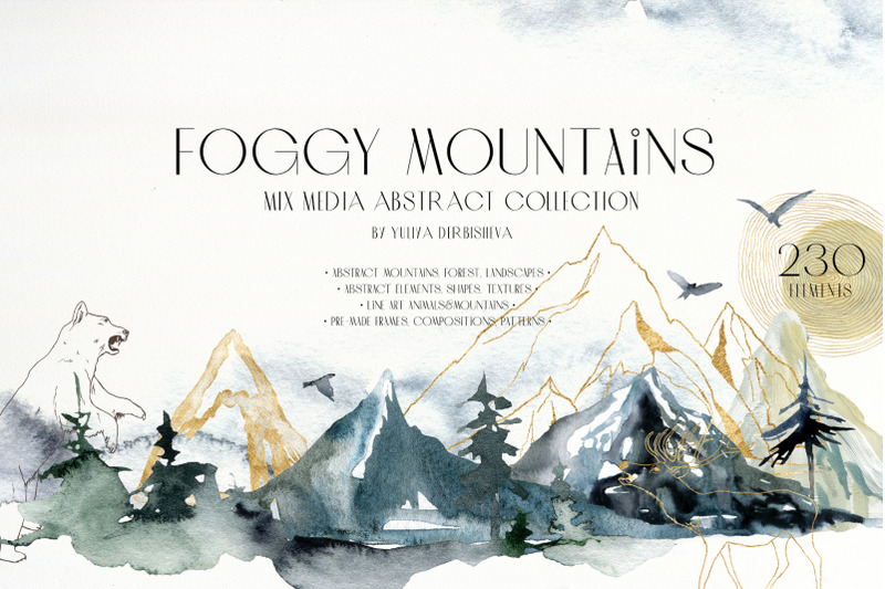 foggy-mountains-and-forest-watercolor-abstract-mix-media-collection