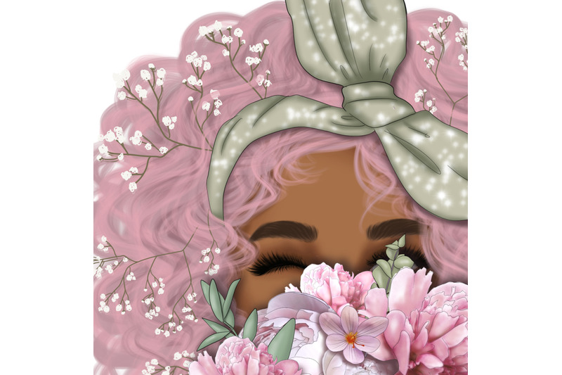 pink-hared-woman-dark-skin-woman-png-floral-art