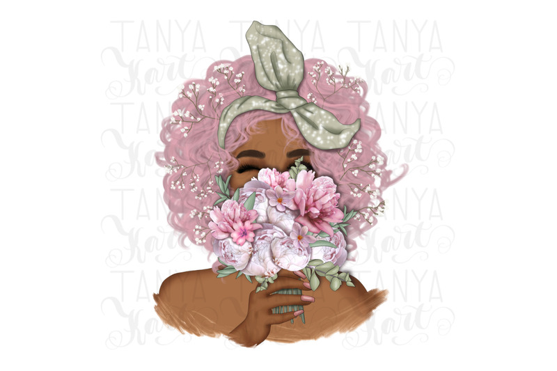 pink-hared-woman-dark-skin-woman-png-floral-art