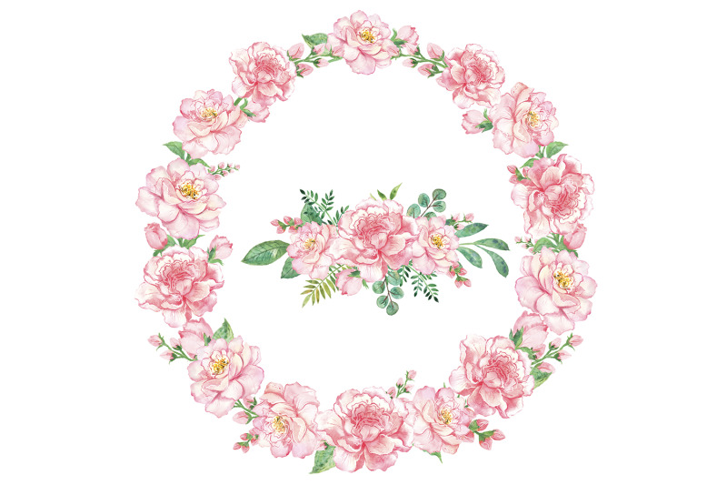 floral-wreath-watercolor-clipart-pink-roses-wedding-flowers-floral