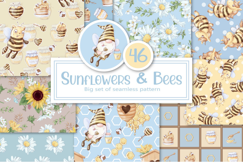 sunflowers-and-bees-big-set-of-seamless-patterns-digital-paper