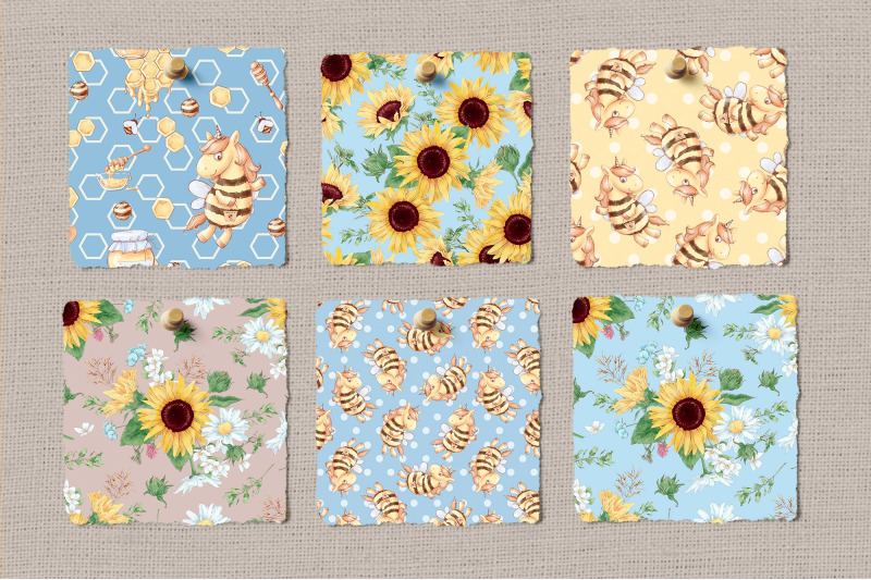sunflowers-and-bees-big-set-of-seamless-patterns-digital-paper