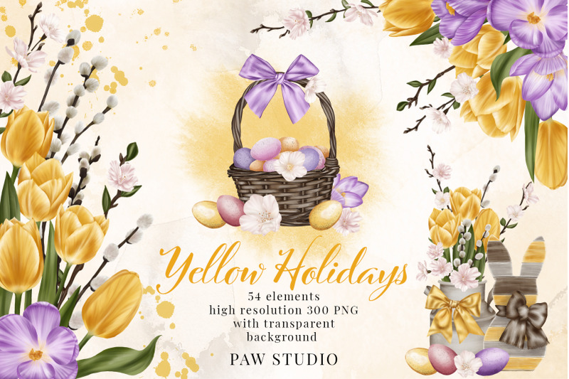 easter-spring-clipart-yellow-tulips-willow-twigs-basket-bunny-eggs