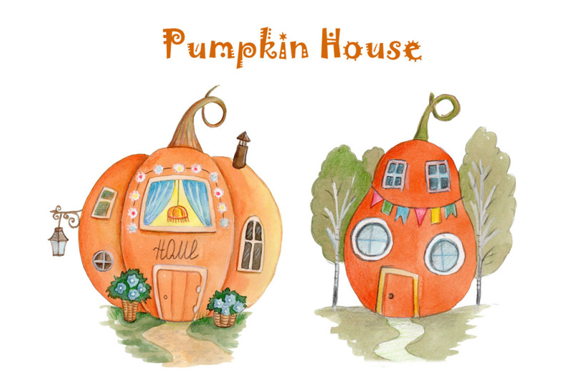 pumpkin-house-watercolor-hand-drawn-art