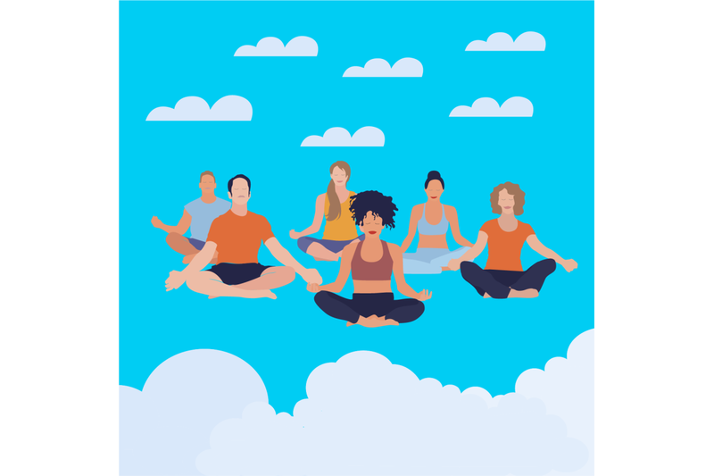 people-meditate-in-pose-lotus-soar-in-cloud-sky