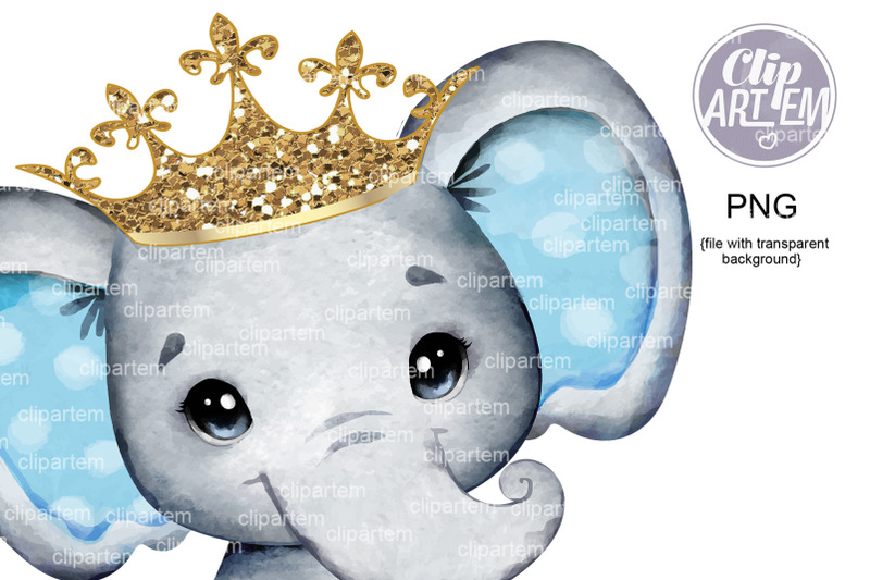 royal-gray-blue-elephant-crown-png-gold-images-watercolor-baby-royal-s