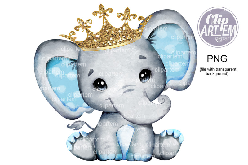 royal-gray-blue-elephant-crown-png-gold-images-watercolor-baby-royal-s