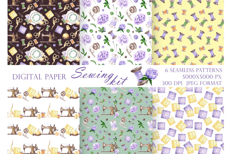 sewing-kit-watercolor-seamless-patterns-sewing-machine-threads