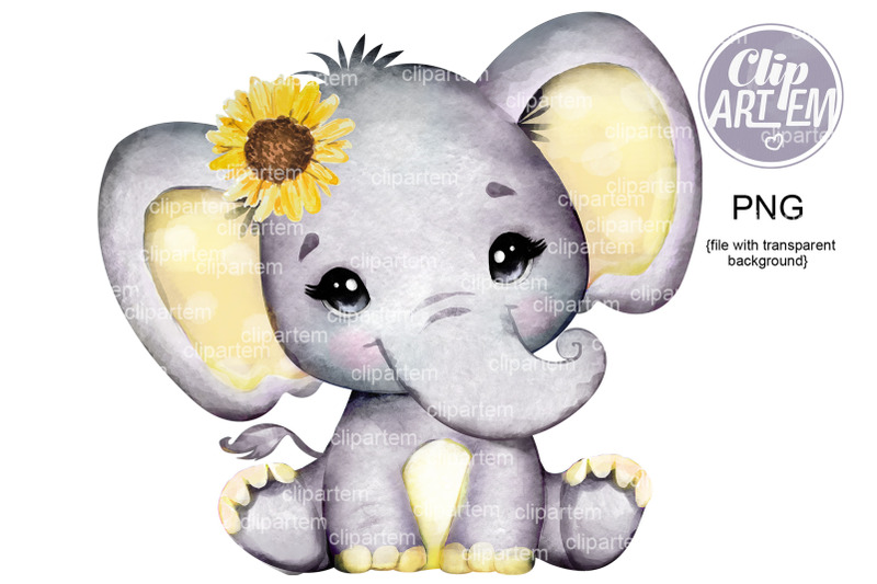 Sunflower Girl Elephant Watercolor PNG images sublimation baby shower