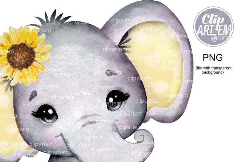 sunflower-girl-elephant-watercolor-png-images-sublimation-baby-shower