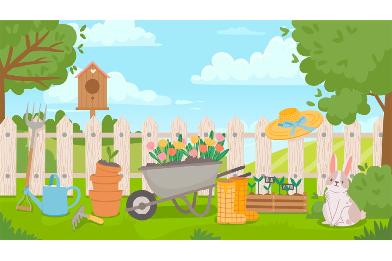 garden-landscape-with-tools-cartoon-spring-poster-with-yard-and-fence