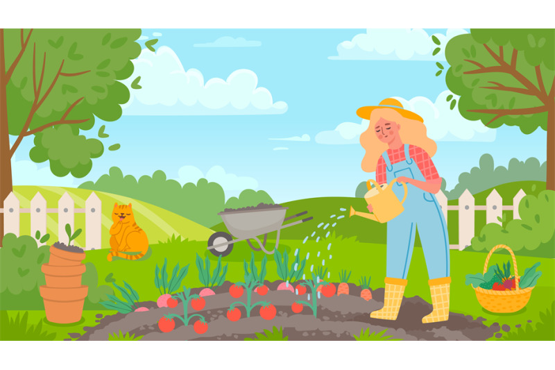 woman-watering-garden-female-gardener-works-farming-grows-vegetabl