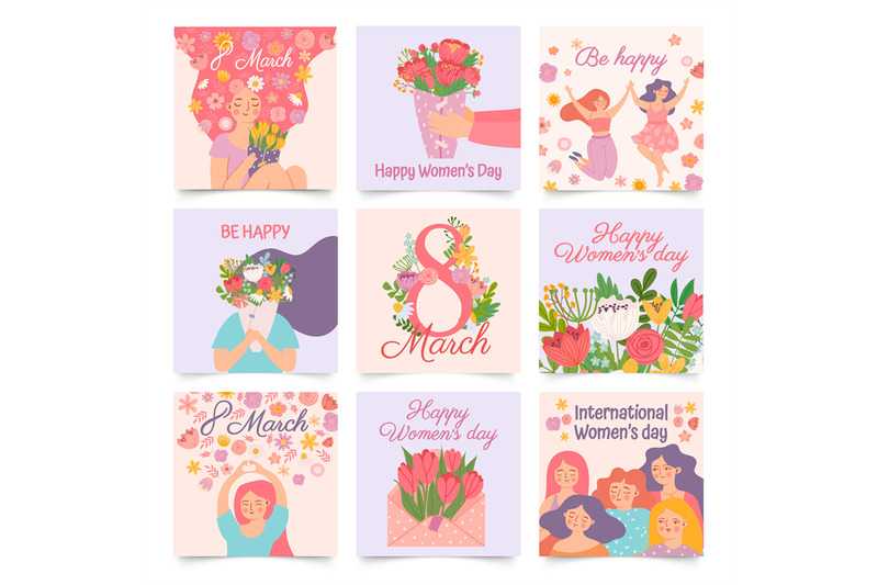 international-womens-day-posters-with-happy-dancing-woman-and-spring