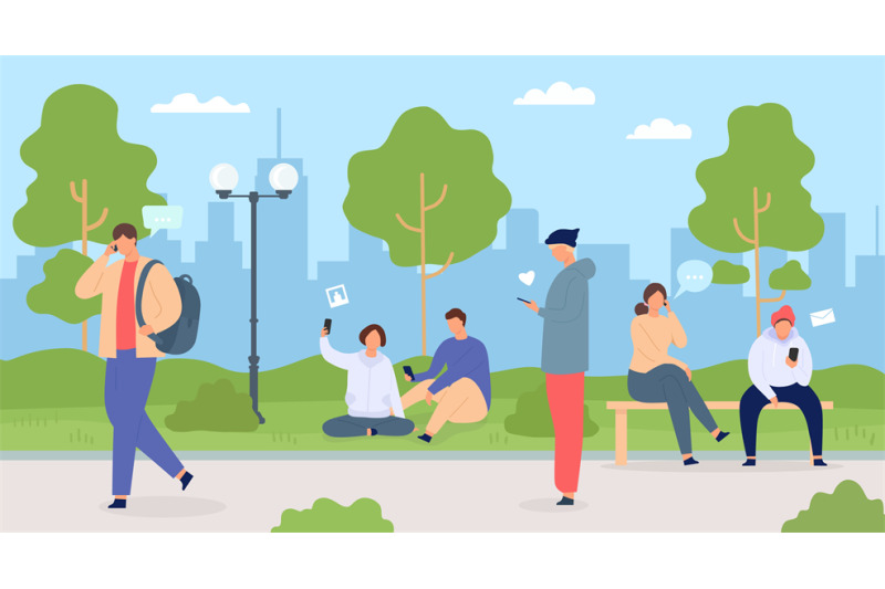 people-with-phones-in-city-men-and-women-in-park-using-gadgets-crowd