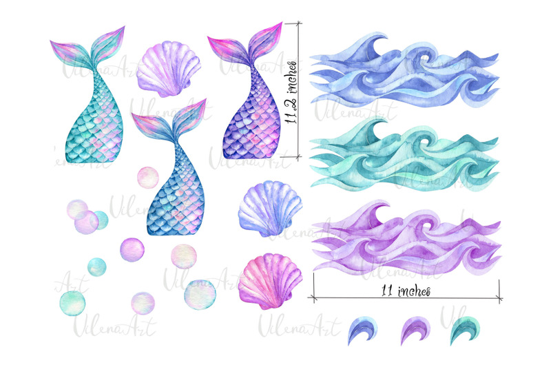 watercolor-mermaid-tails-clipart-shells-waves-clip-art-tail-girl