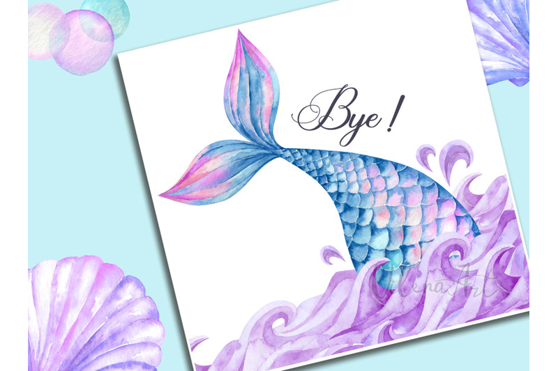 watercolor-mermaid-tails-clipart-shells-waves-clip-art-tail-girl