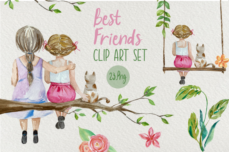 best-friends-watercolor-clip-art-set