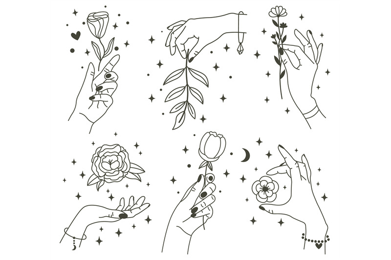 flowers-in-magical-hands-trendy-linear-minimal-style-hands-holding-be