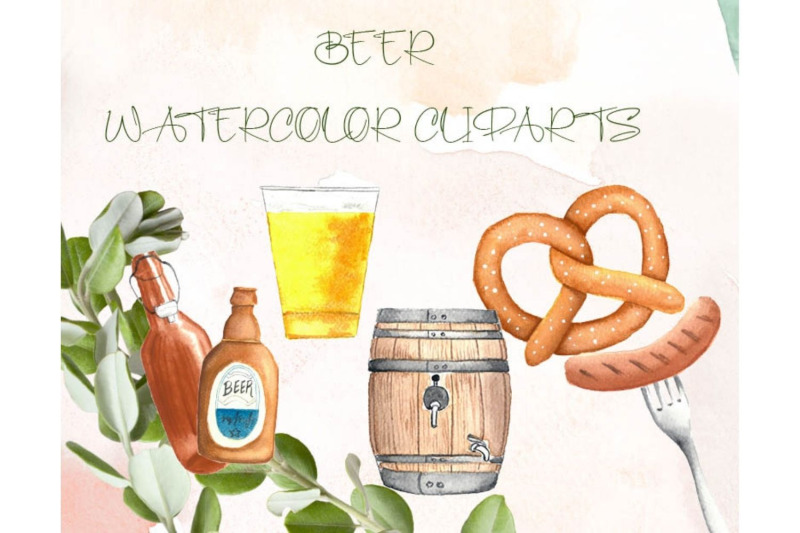 watercolor-beer-clipart-beer-bottles-watercolor-pretzel