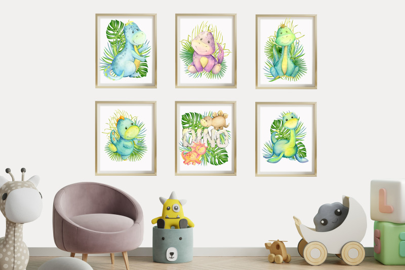 watercolour-clipart-dinosaur-print-and-tropical-leaves-nursery-wall