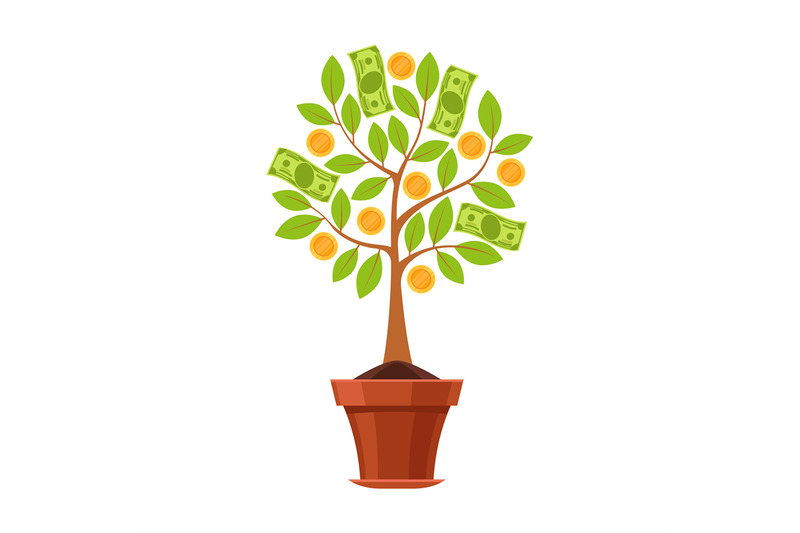 financial-plant-green-tree-in-pot-with-leaves-golden-flowers-coins-a