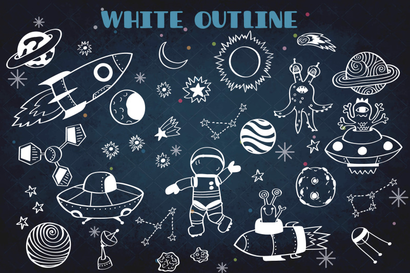 outer-space-white-hand-drawn-planets-astronaut-amp-alien-ufo