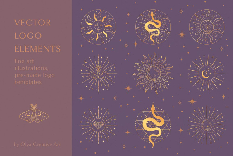 golden-sacred-sun-logo-designs-esoteric-mystic-moon-stars-frames