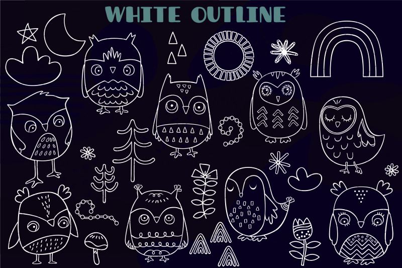 owl-white-doodles-hand-drawn-bird-sun-rainbow-moon-flowers