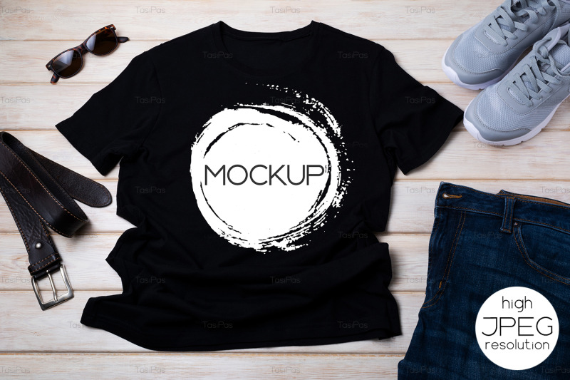 Download Mens T-shirt mockup with running shoes and leather belt. By TasiPas | TheHungryJPEG.com