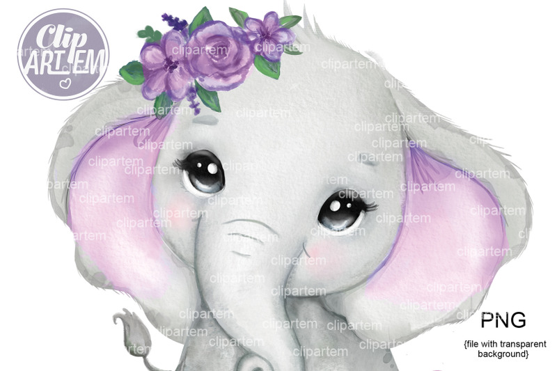 cute-cute-elephant-girl-with-purple-flower-watercolor-png