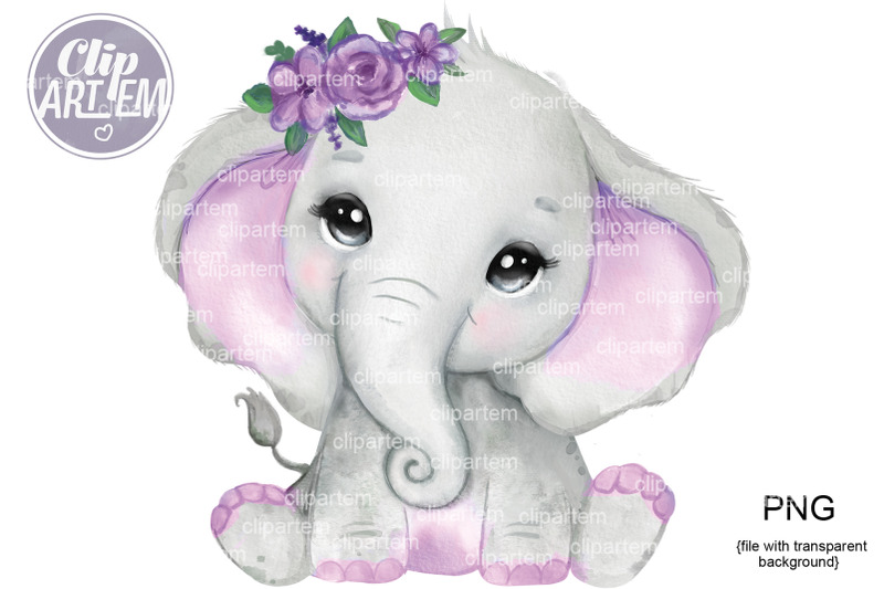 cute-cute-elephant-girl-with-purple-flower-watercolor-png