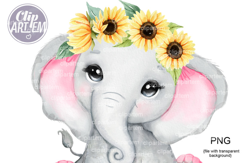 super-cute-pink-elephant-with-sunflower-crown-watercolor-png-images