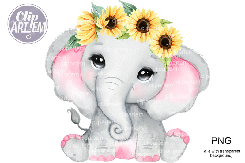 super-cute-pink-elephant-with-sunflower-crown-watercolor-png-images