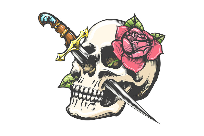skull-with-dagger-and-rose-flower-tattoo