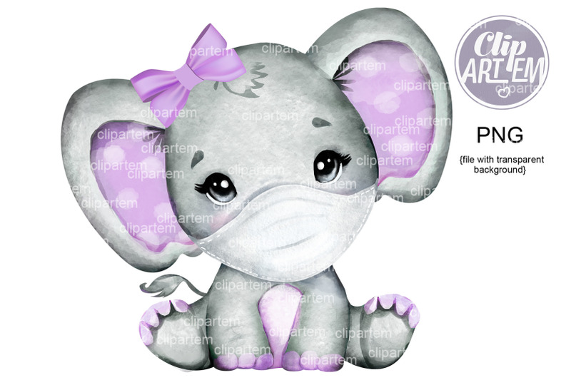 baby-girl-elephant-mask-purple-bow-png-watercolor-clip-art-image