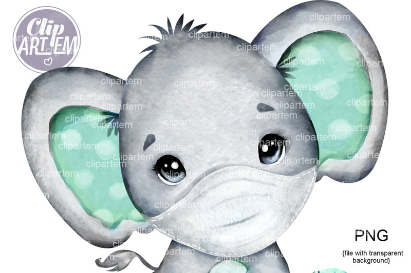 baby-boy-elephant-with-mask-mint-polka-ears-png-watercolor-clip-art