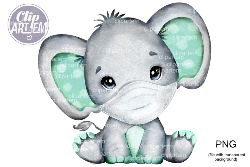 baby-boy-elephant-with-mask-mint-polka-ears-png-watercolor-clip-art