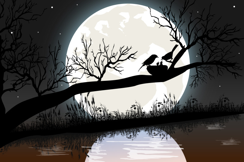 bird-family-and-moon-silhouette