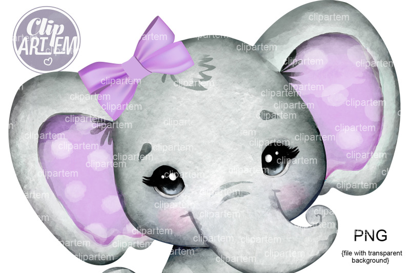 cute-baby-girl-elephant-purple-bow-png-watercolor-baby-clip-art